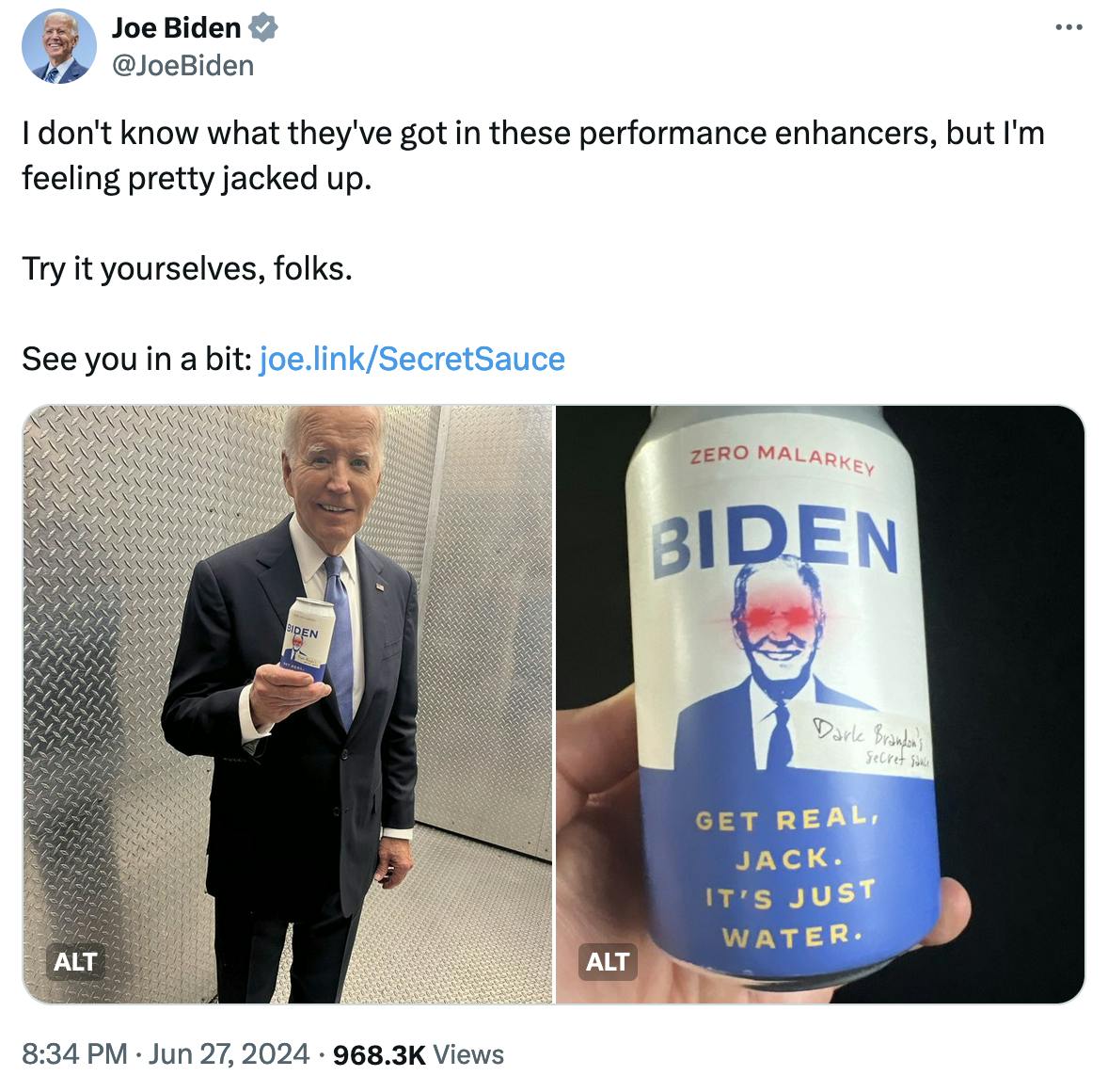 @JoeBiden I don't know what they've got in these performance enhancers, but I'm feeling pretty jacked up. Try it yourselves, folks. See you in a bit: http://joe.link/SecretSauce