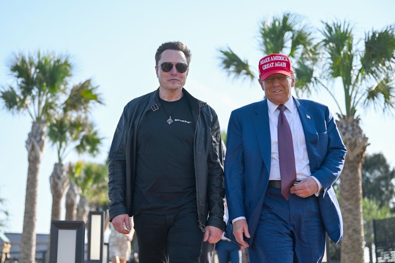 Elon Musk and Donald Trump walk side by side. Palm trees are in the background.