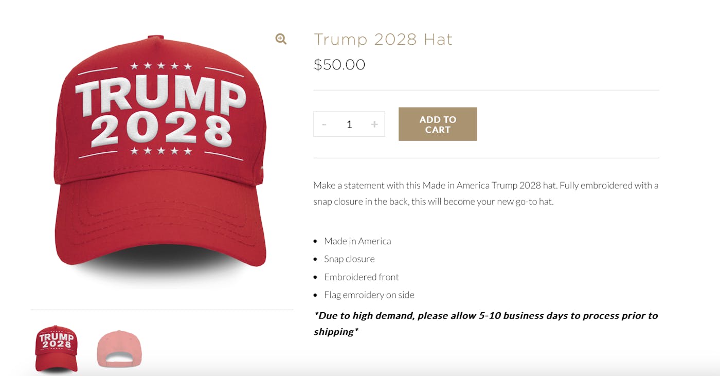 Screenshot of Donald Trump’s merch store selling a hat that says "Trump 2028"