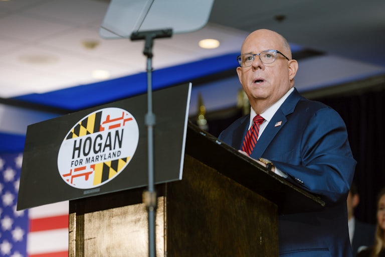 Larry Hogan speaks at a podium