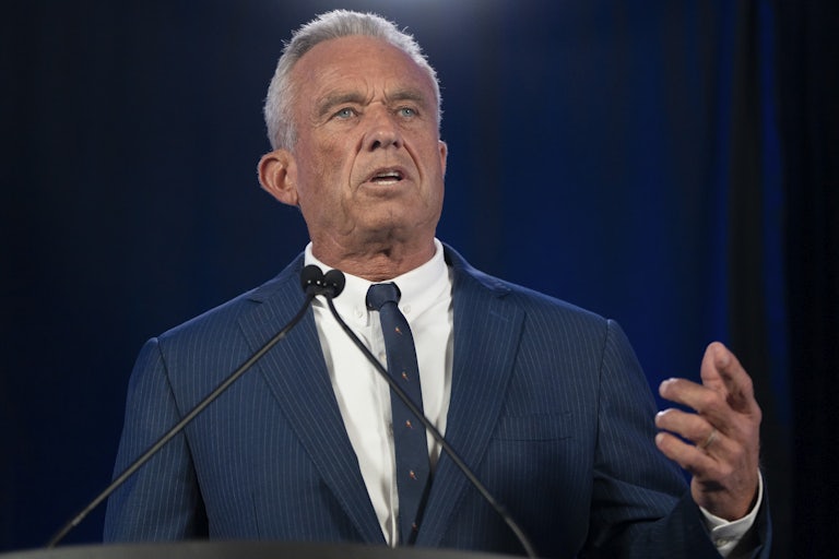 Robert F. Kennedy Jr. gives a speech at a lectern