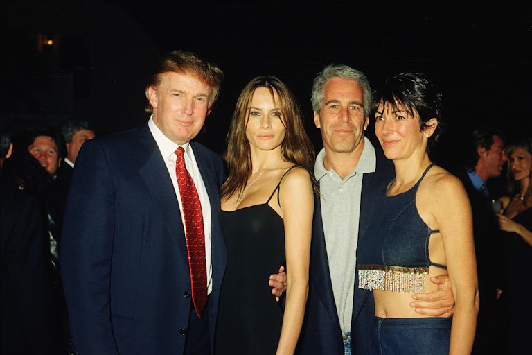 Donald Trump, Melania Trump, Jeffrey Epstein, and Ghislaine Maxwell stand next to each other and smile for the photo.